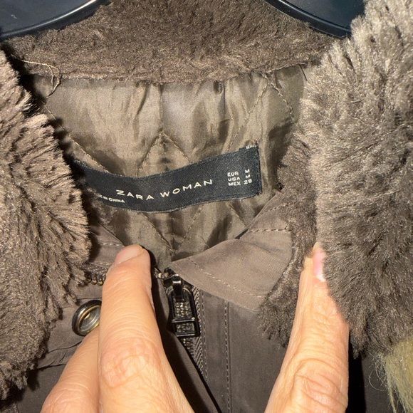 zara womens brown parka jacket with faux fur trim hood size M - Picture 3 of 7